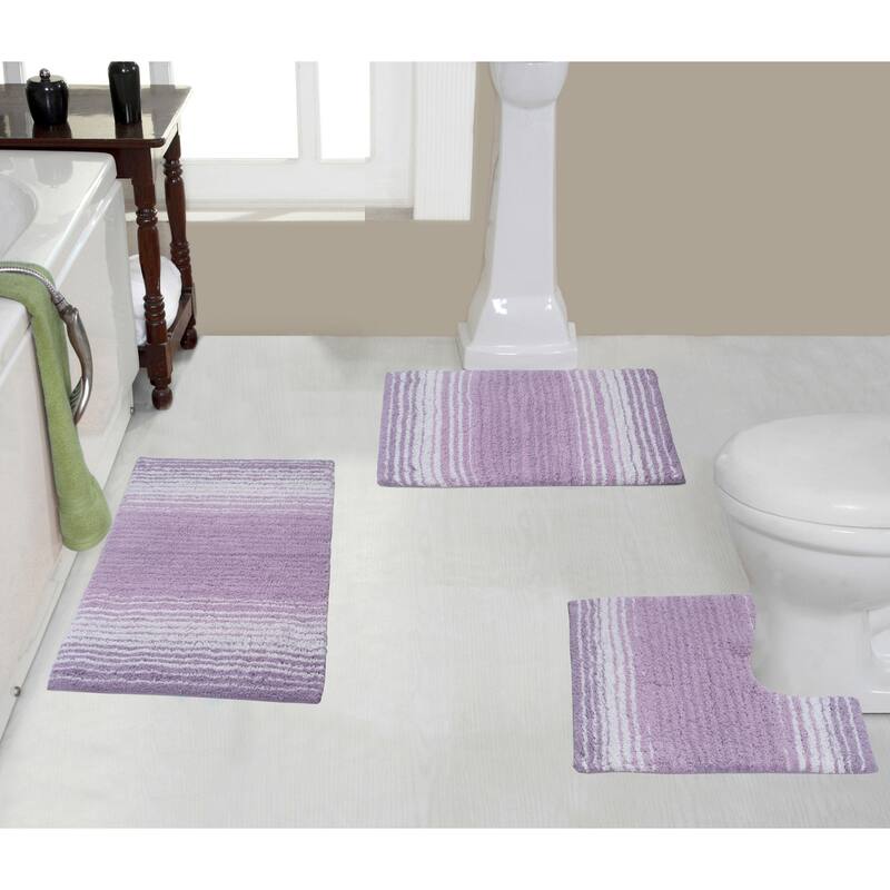 Gradiation Rug Collection 100% Cotton Non-Slip Bath Rug Set, 3 Piece Machine Washable- Bathroom Rug, Bath Rug, U Shaped Contour - Purple