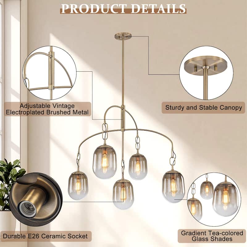 Modern Gold Chandelier Gradient Glass Shades 2-Tier Curved Arm