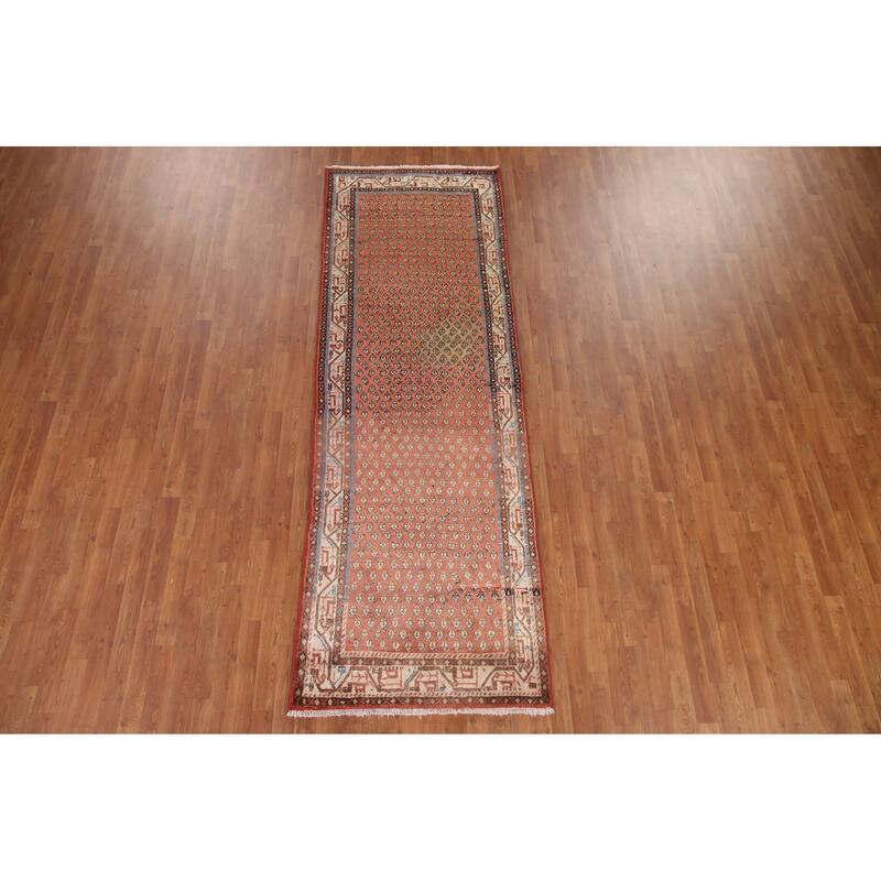 Hand Knotted Oriental 100% Wool Carpet Traditional All-Over Red Botemir Runner Rug - 10' 2'' X 3' 5''