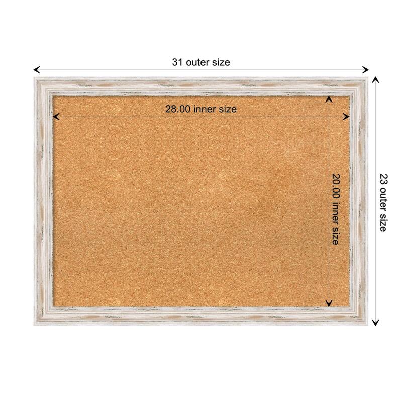 Alexandria White Wash Narrow Wood Framed Natural Corkboard Bulletin Board, Organization Board, Pin Board - Board Size 28x20