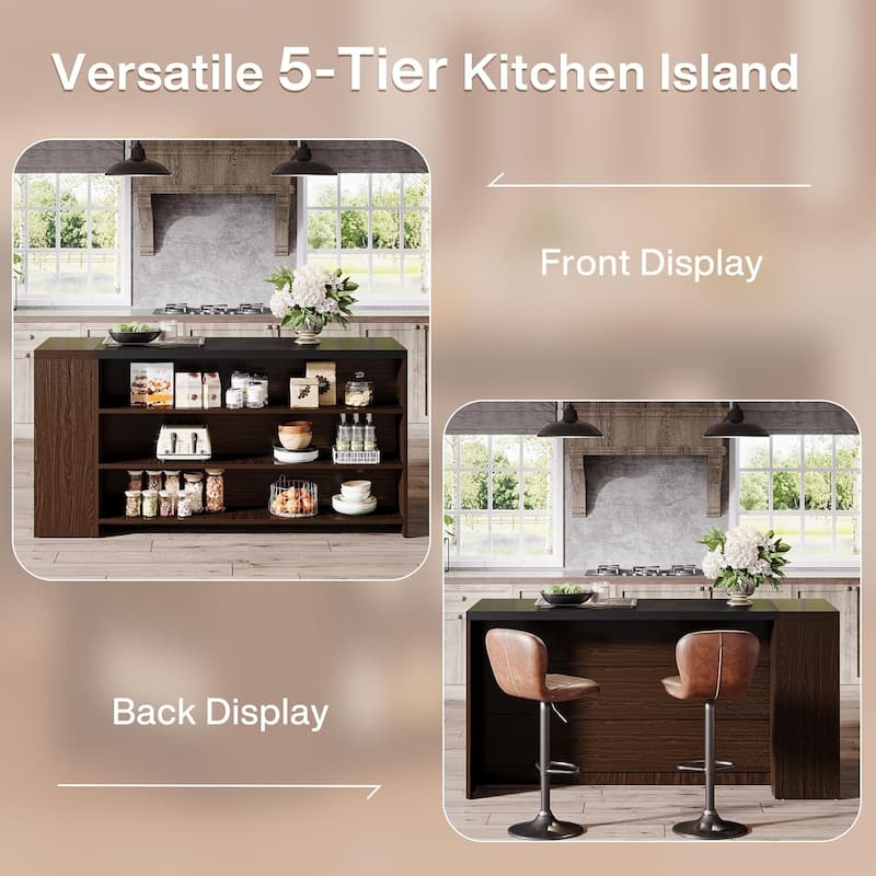 55" Wood Kitchen Island with Storage, 5-Tier Stationary Island Table with 5 Shelves
