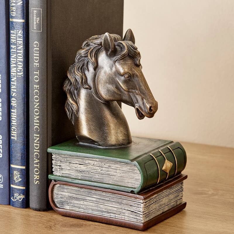Danya B. Horses on Books Polyresin Antique Patina Finish Bookend Set of 2