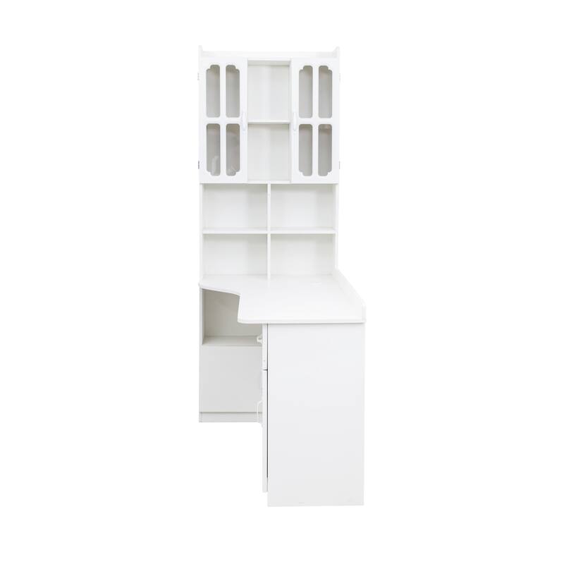 Anmytek L Shaped Corner Desk with Bookshelf, White Home Office Computer Desk Storage Workstation