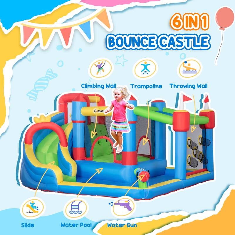 Outsunny 6-in-1 Inflatable Water Slide, Kids Water Park Castle Bounce House with Pool, Slide, Trampoline, Climbing throwing Wall