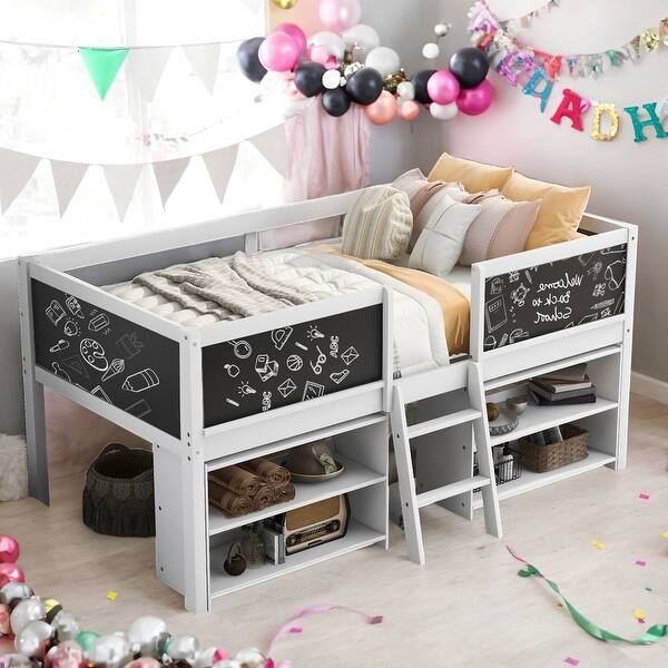 slide 2 of 13, Twin Size Low Loft Bed with Movable Shelves and Ladder,Guardrail Chalkboard,Space Saving,4 Chalkboards Set On 3 Sides,White White