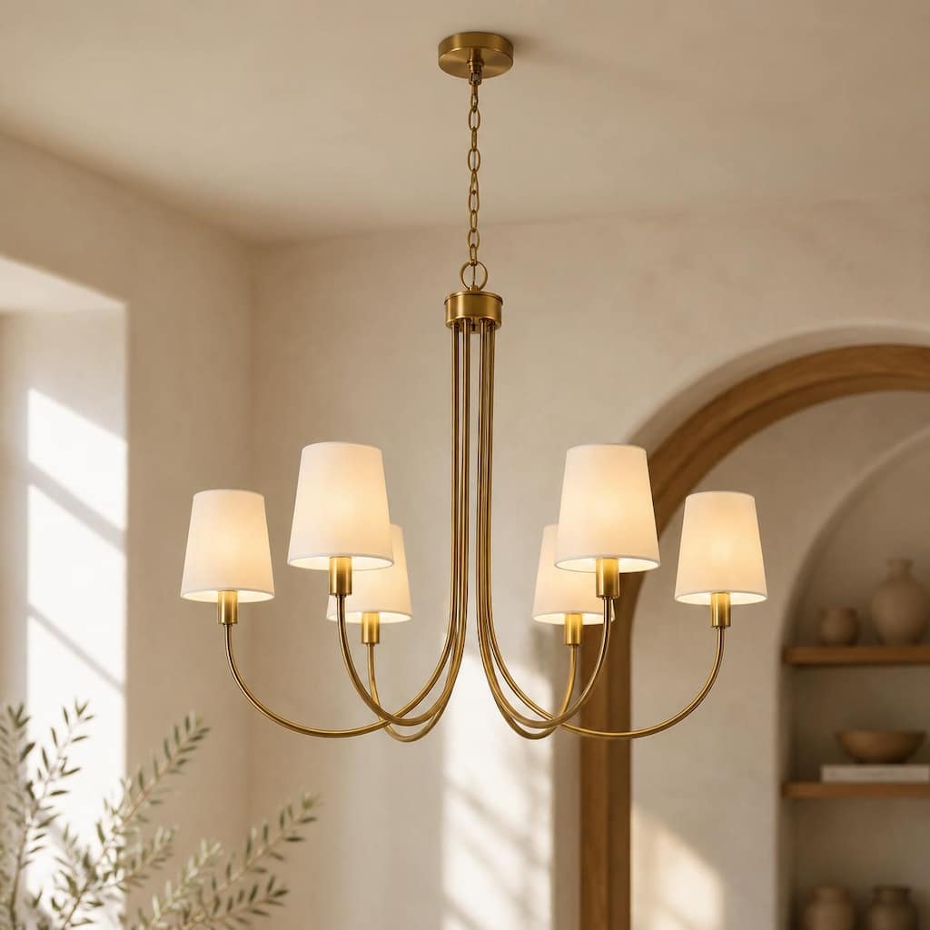 Mid-Century Modern Gold 6/8-Light French Chandelier Fabric Pendant Lights for Dining Room