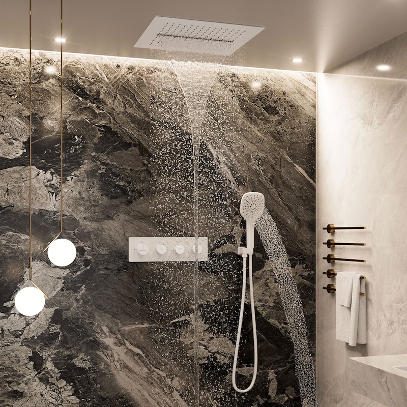 Luxury Thermostatic Shower System 5-Spray Patterns 16" Ceiling Mount Fixed and Handheld Shower Head - 15.7" x 15.7"