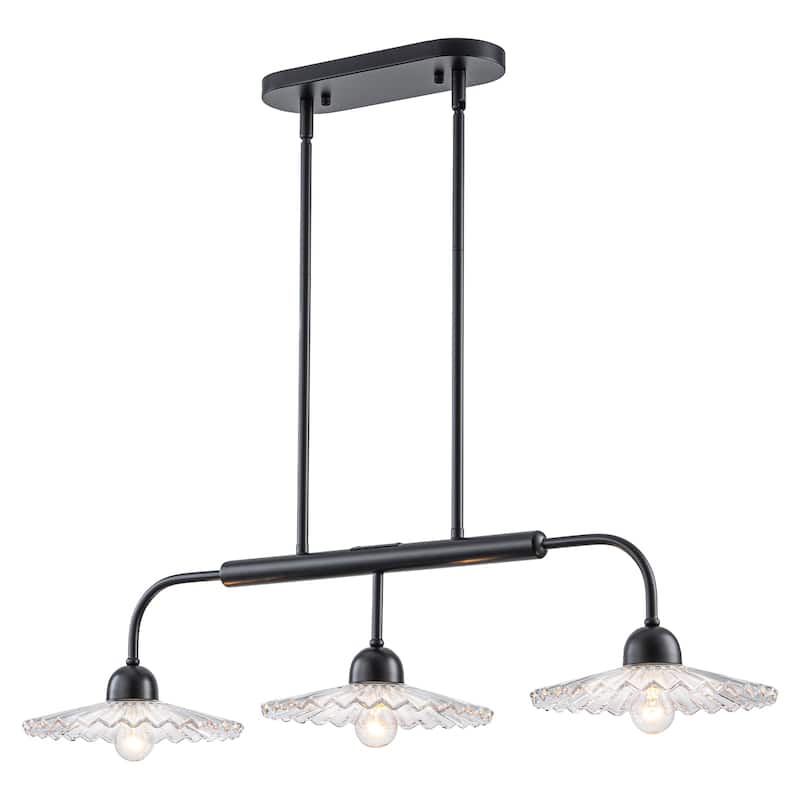 3-Light Black Linear Pendant Light with Pleated Clear Glass Shades - Dia.35.43-in