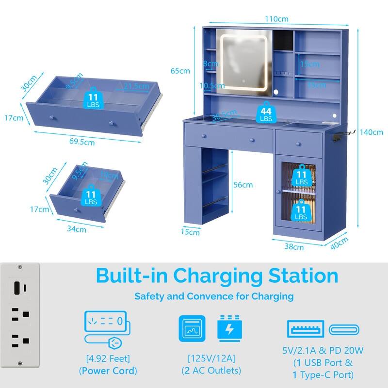 Particle Board Veneered , 2 Drawers, 1 Glass Door, Left and Right 2-tier Shelves, Glass Tabletop, Dressing Table - N/A