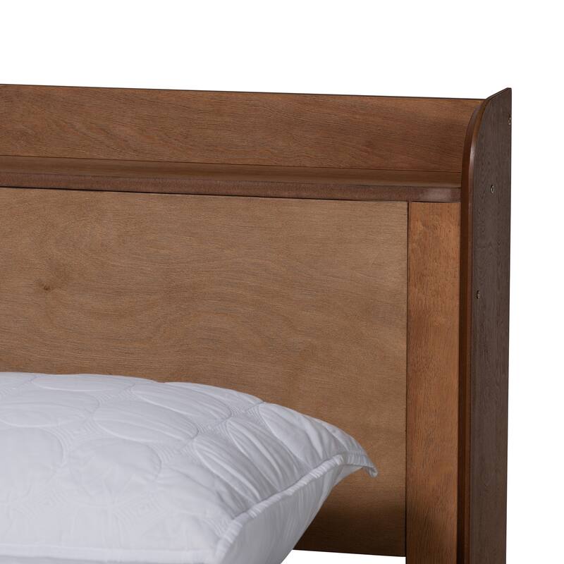 Mid-Century Modern Platform Bed - Walnut Brown Wood Bed Frame with Charging Station