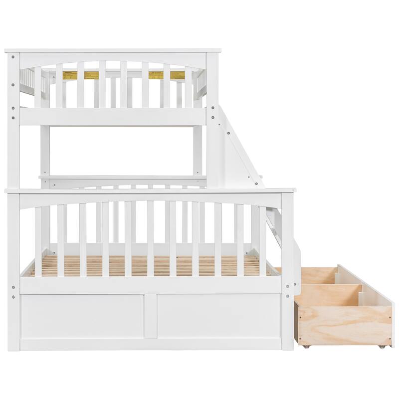Wooden Storage Bunk Bed Frame with Fence-shaped Guardrails and Pull-out Drawers, Convertible 2 Platform Beds, Detachable Design