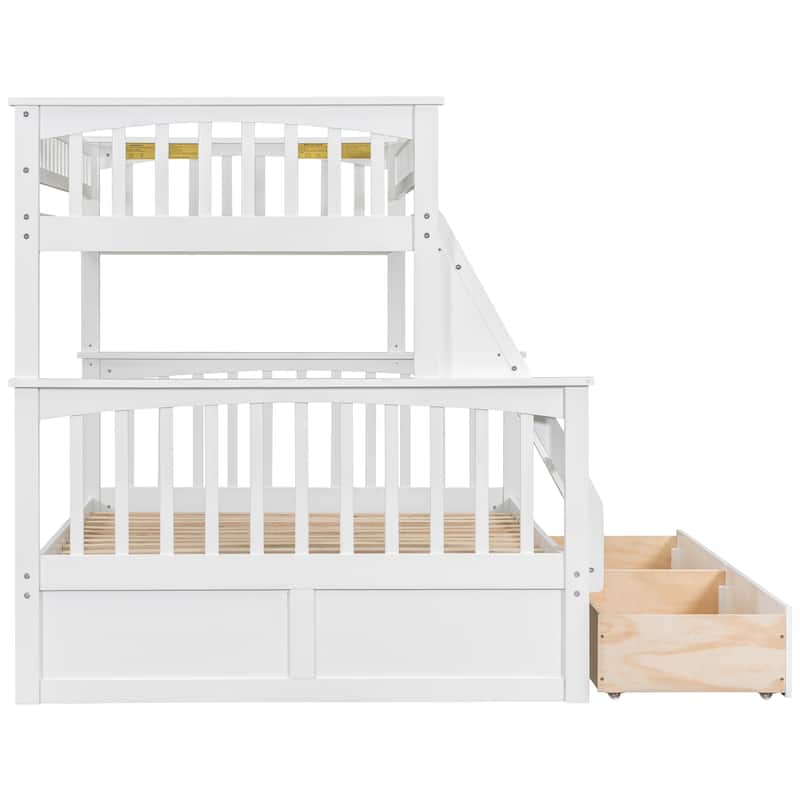 Wooden Twin over Full Bunk Bed with 2 Drawers, Detachable into 2 Beds, Solid Pine Wood Bunk Bed Frame with Fence Guardrail