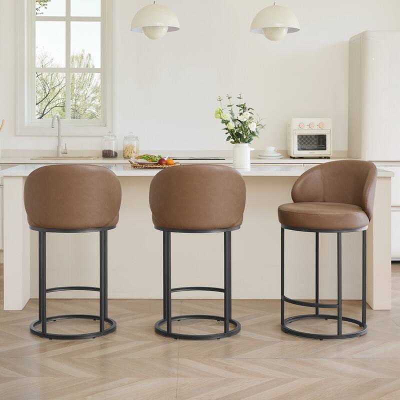 Spruce & Spring Chloe Upholstered Swivel Counter Bar Stool with Metal Frame and Arched Back - Set of 3 - Saddle Brown-Black Frame