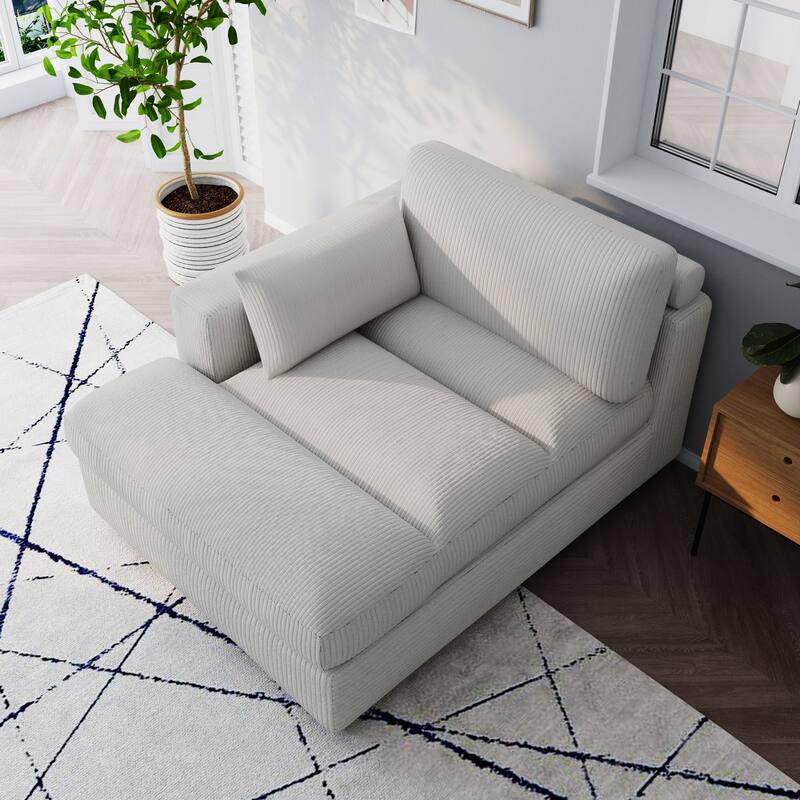 Oversize Corduroy Chaise Lounge Modular Sectional Sofa with Pillow - Left Facing - Sea Salt Grey