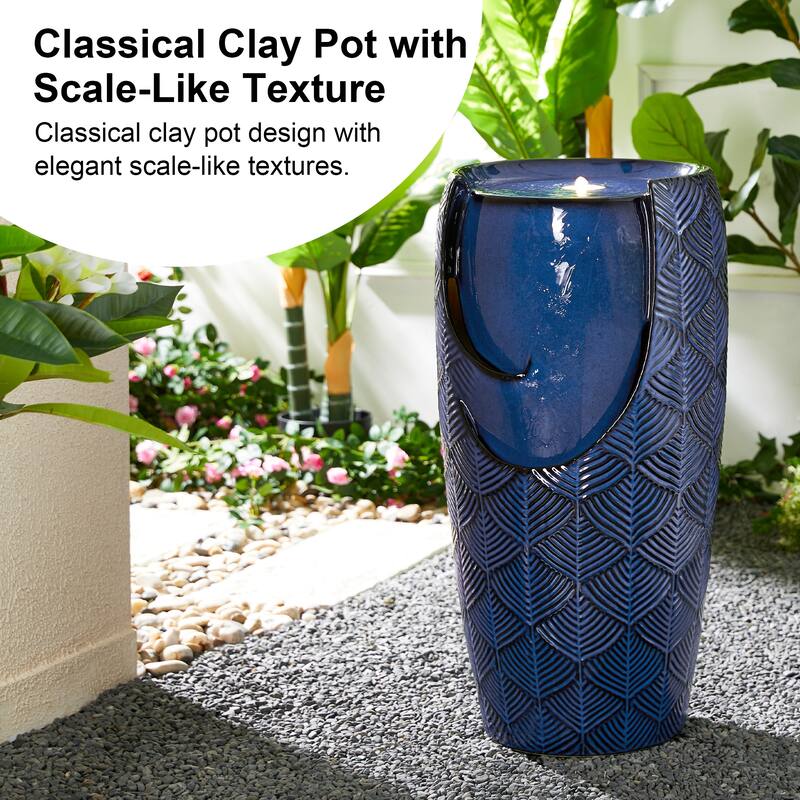 Glitzhome Oversized LED Lighted Ceramic Pot Floor Fountains for Outdoor Garden
