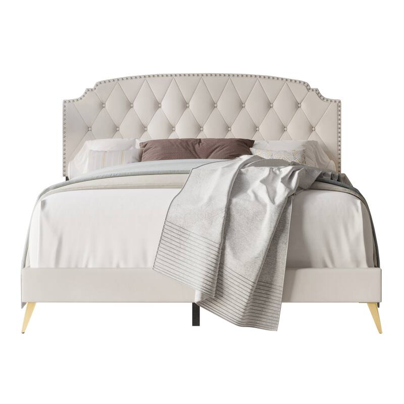 CraftPorch Velvet Button Tufted Upholstered Gold Accent Platform Bed - Beige - King