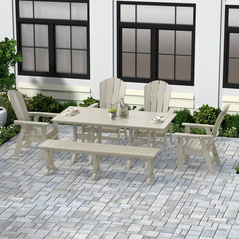 Laguna Hdpe All Weather Outdoor Patio Dining Set with Rectangle Table, Arm Chairs, and Bench (6-Piece Set) - Sand