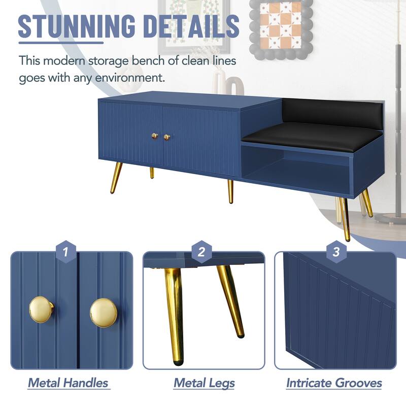 Entryway Bench with Doors, 54.3" Wide Wood Storage Bench with Cushion and Hidden Storage