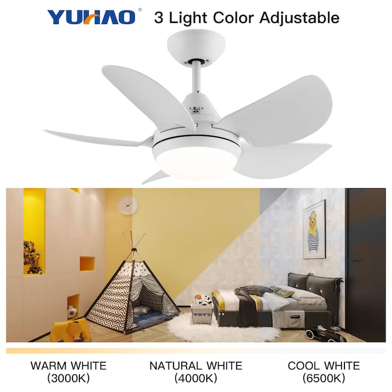 YUHAO 30 Inch Modern Matte White Indoor Flush Mount Small Ceiling Fan With LED Light and Remote Control