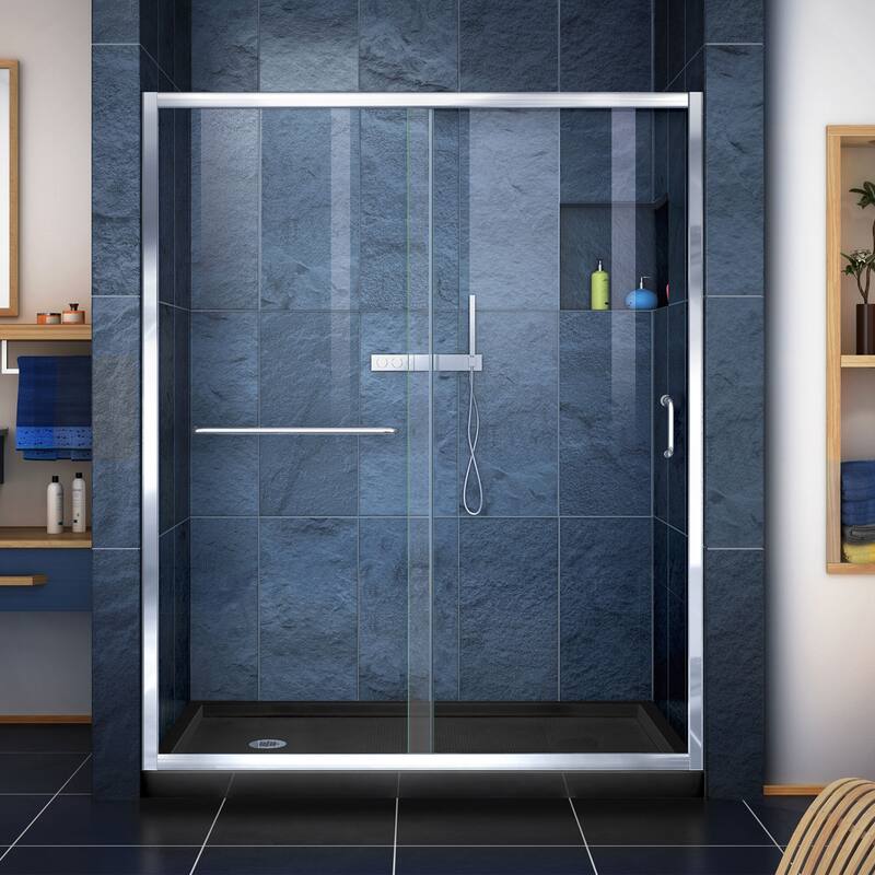 DreamLine Infinity-Z 36 in. D x 60 in. W x 74 3/4 in. H Sliding Shower Door and Shower Base Kit - 36" x 60" - 36" x 60" - Chrome, Black Base, Left Drain