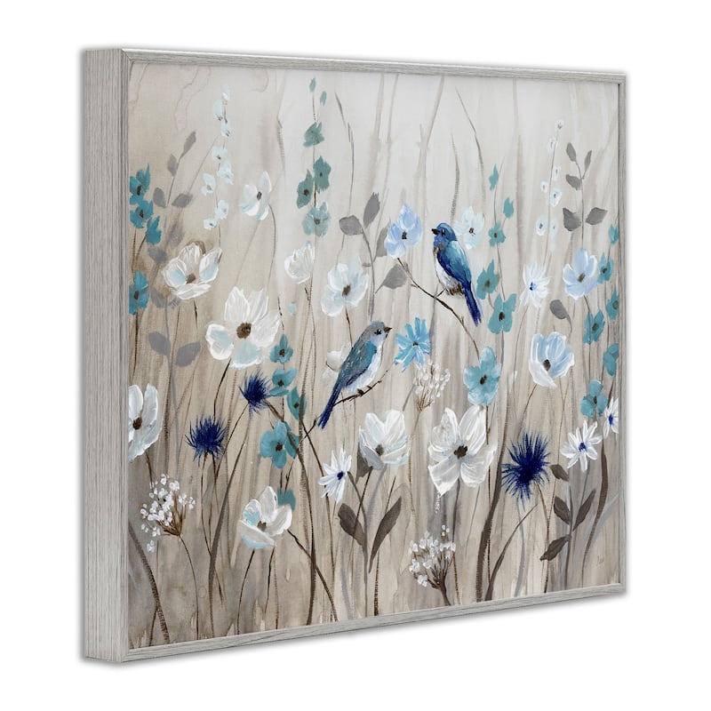Stupell Birds Floral Meadow Blue White Blossoms Framed Wall Art