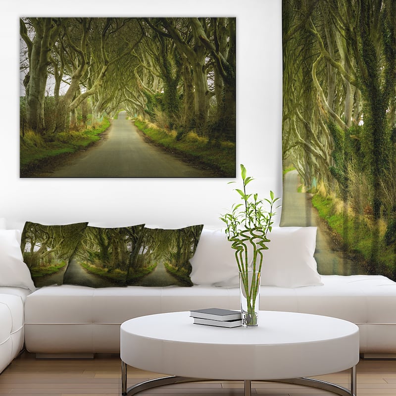 Designart "Dark Hedges Road through Old Trees" Landscape Wall Artwork Print on Canvas - 40 in. wide x 30 in. high - 1 Panel