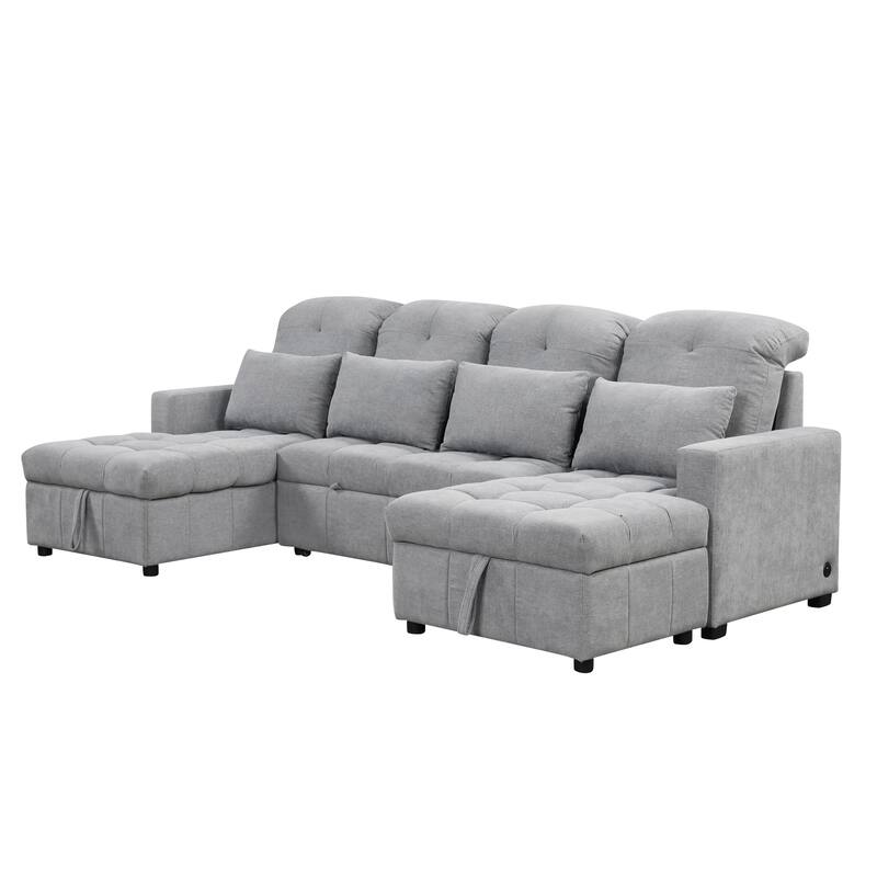 110.2" Chenille U-Shaped Sectional Sofa Bed with USB Ports