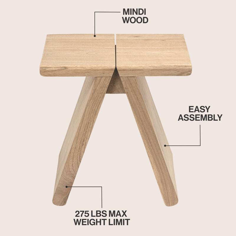 JONATHAN Y Jack Rustic Scandinavian Handcrafted Solid Mindi Wood Sculptural Base Accent Stool