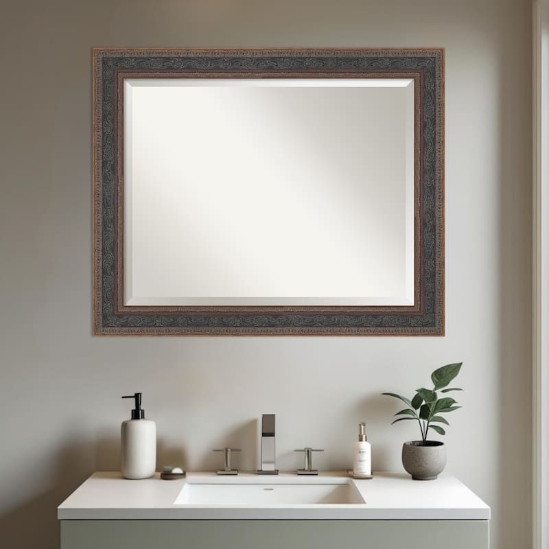 Attic Aged Beveled Wood Framed Bathroom Vanity Wall Mirror