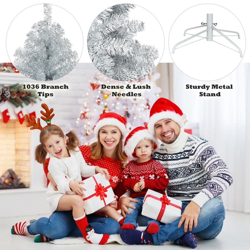 Gymax 6 FT Silver Tinsel Christmas Tree Artificial Hinged Tree Holiday - See Details