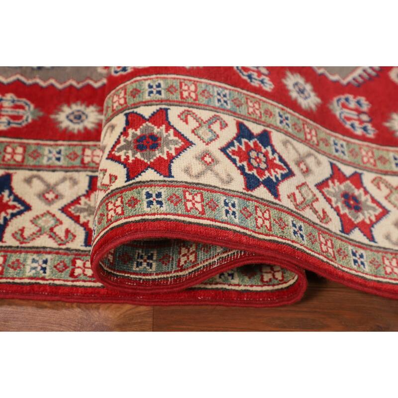 Geometric Kazak Oriental Area Rug Handmade Grey Wool Carpet - 5'0" x 6'6"