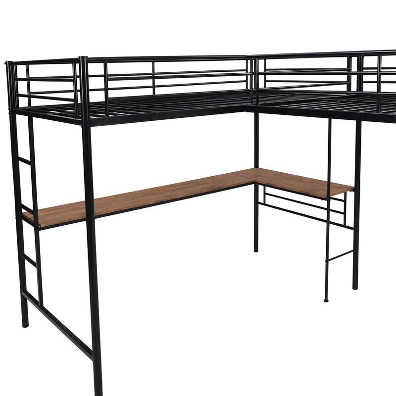 Merax Twin Metal L-shaped Loft Bed with Two Built-in Desks