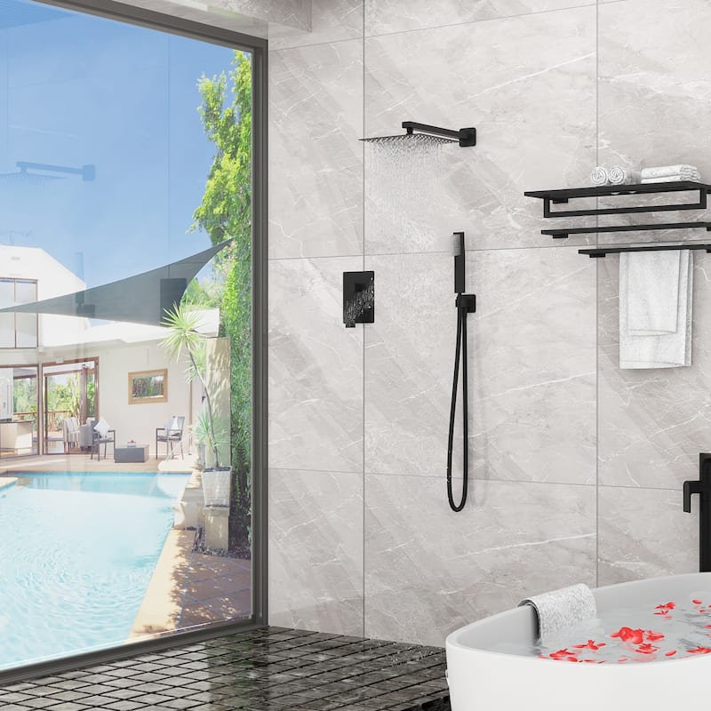 Black Shower System Rain Shower Head Handheld Spray Bathroom