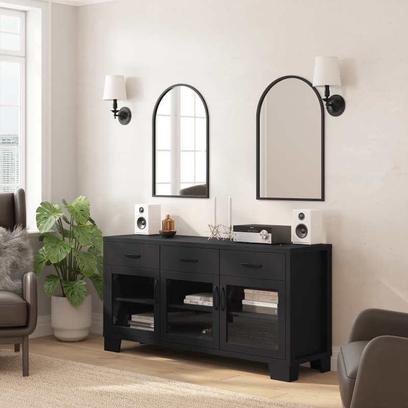 Engineered Wood Buffet Sideboard Storage Cabinet w/ 3 Drawers, Doors - 59"W x 16.5"D x 29.75"H