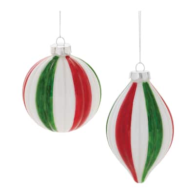 Set of 12 Ribbed Glass Christmas Ornaments Red, White & Green Hand-Painted Striped Ball - 4.5” x 3.25” x 5.25”