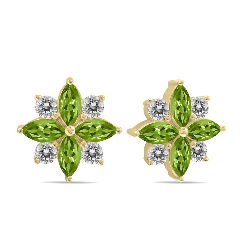 Marquee 1 Carat TW Peridot and Diamond Flower Earrings in 10K Yellow Gold