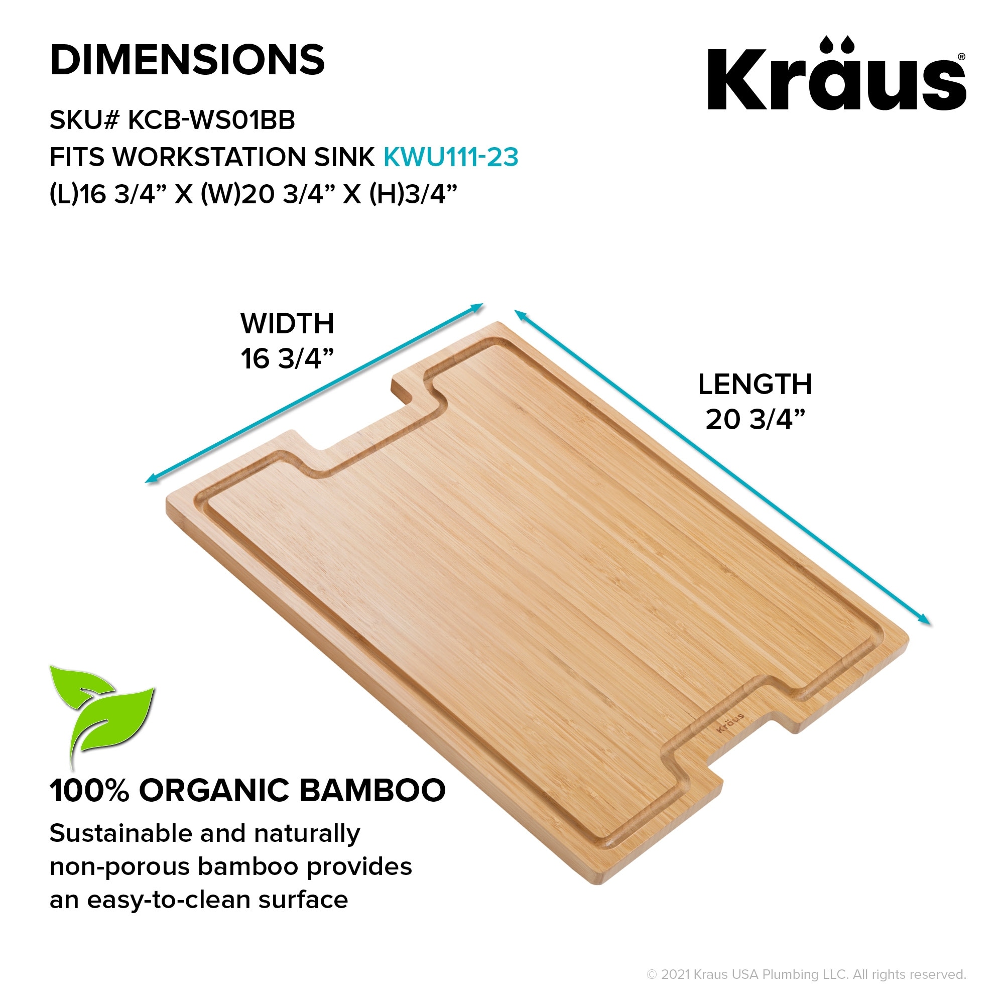 Kraus KCB-WS104BB Workstation Kitchen Sink 16 Solid Bamboo Cutting Board  in Bamboo