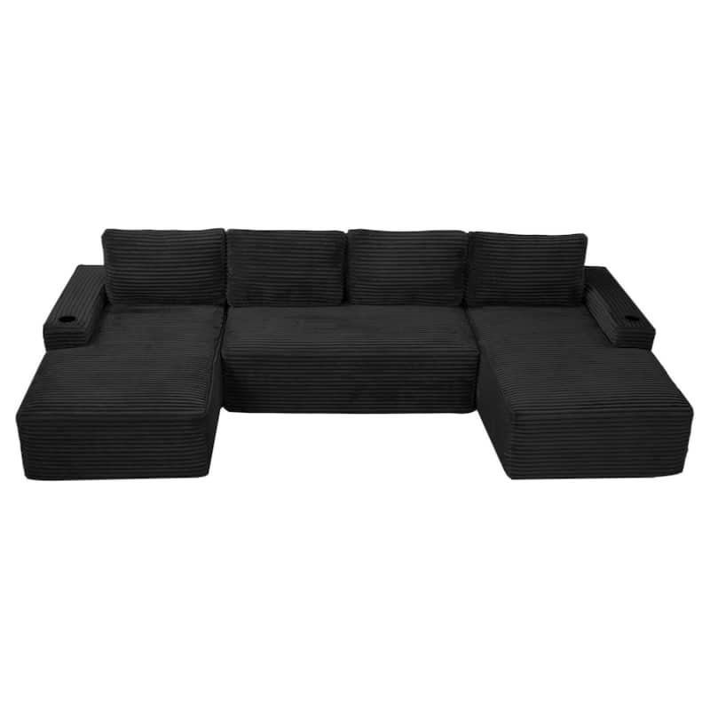 133.4" U-Shaped Corduroy Sectional Sofa with Cup Holders, No Assembly Required - Black