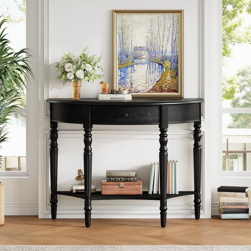 Farmhouse Half Moon Console Table with Drawer and Shelf for Entryway and Living Room Decor