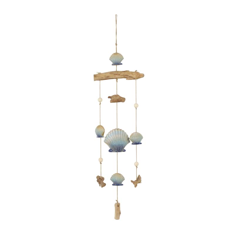 Ceramic Shell Handmade Ombre Windchime with Driftwood and Bead Accents - Blue - Roche River Decor - Blue