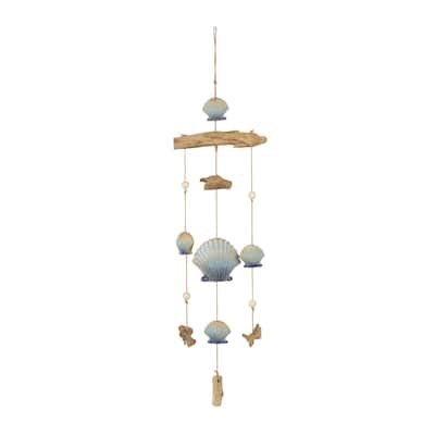 Ceramic Shell Handmade Ombre Windchime with Driftwood and Bead Accents - Blue - Roche River Decor