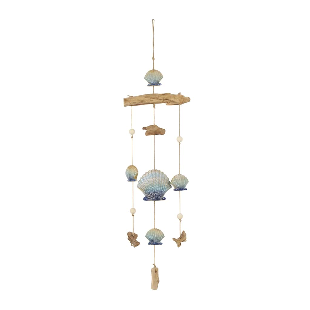 Ceramic Shell Handmade Ombre Windchime with Driftwood and Bead Accents - Blue - Roche River Decor