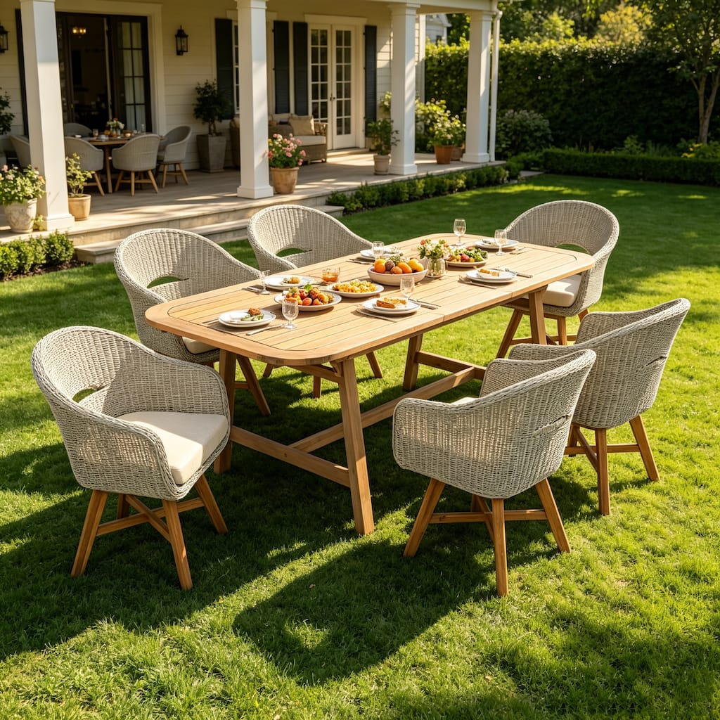 Christopher Knight Home - Lorne 7-Piece Outdoor Dining Set, Extendable Curved Acacia Wood Table & Aluminum Rattan Armchairs