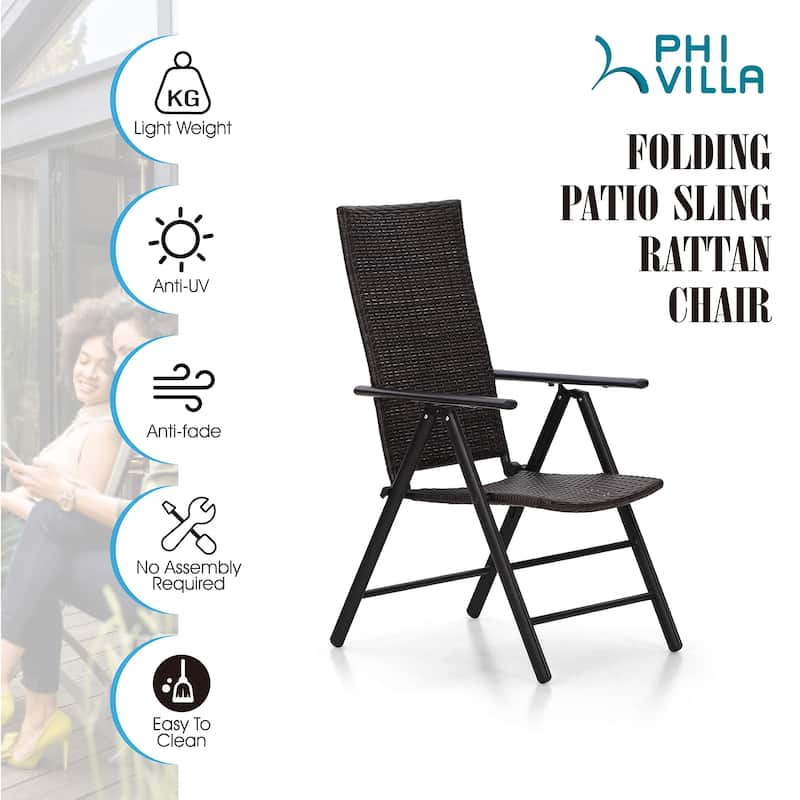 Outdoor Wicker Patio Folding Dining Chairs Set of 2, Adjustable Patio Rattan Recliner Wicker Chairs with High Backrest