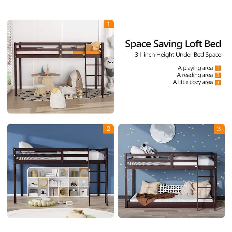 Espresso Wood Junior Loft Bed with Stairs for Adults, Kids and Young Teens