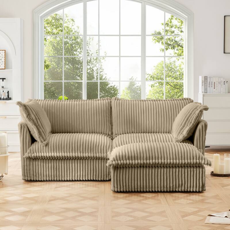 Modern 2 Seater Upholstered Sofa with 1 Ottoman and 2 Pillows