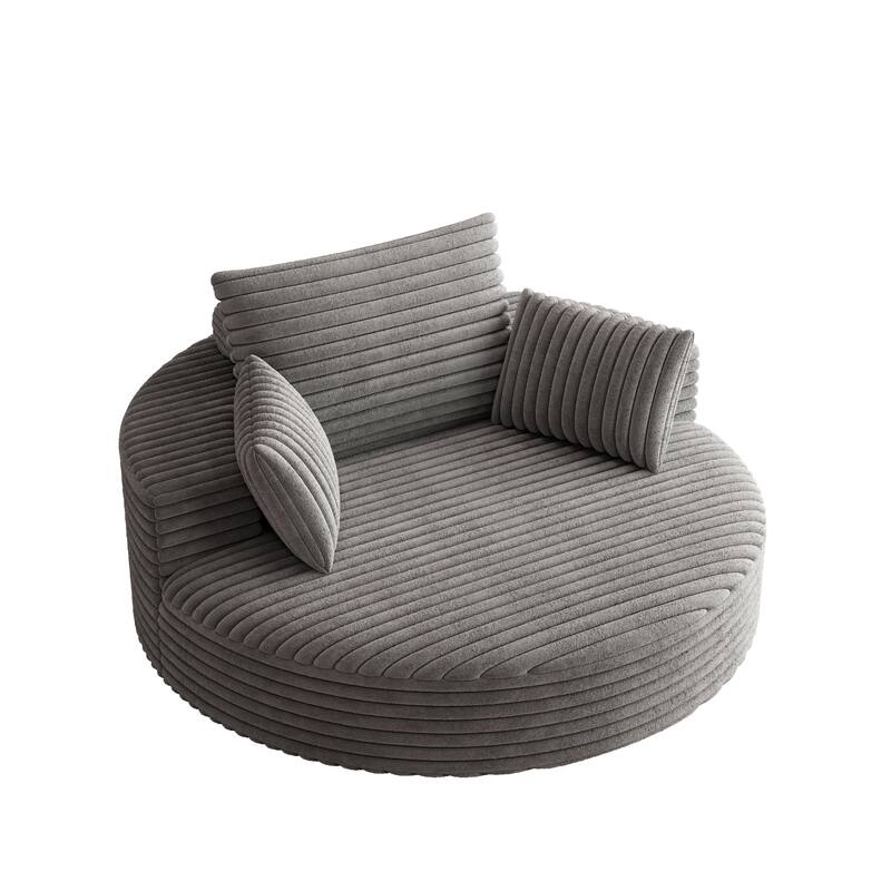 Oversized Swivel Accent Chair, Corduroy Round Lounge Sofa Chair, Upholstered Reading Armchair with Back Cushion & 2 Pillows