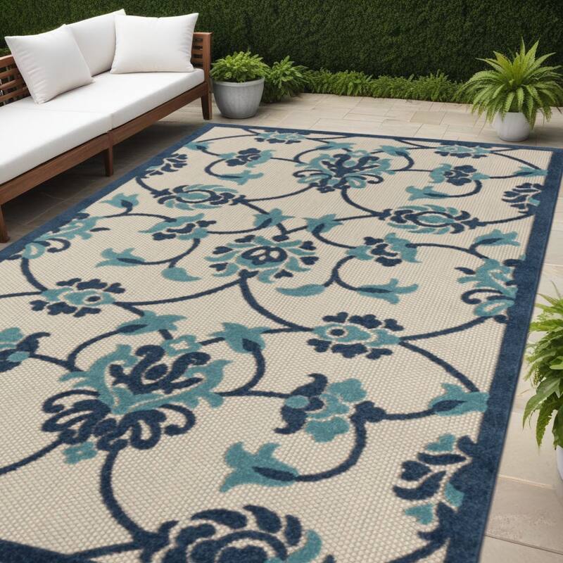 Altosi Botanic Elegance Weather Resistant Timeless Grace Outdoor Rug - 5' X 8' - Blue