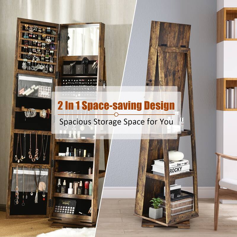 Costway 360degree Rotatable Jewelry Cabinet 2-in-1 Lockable Mirrored - See Details
