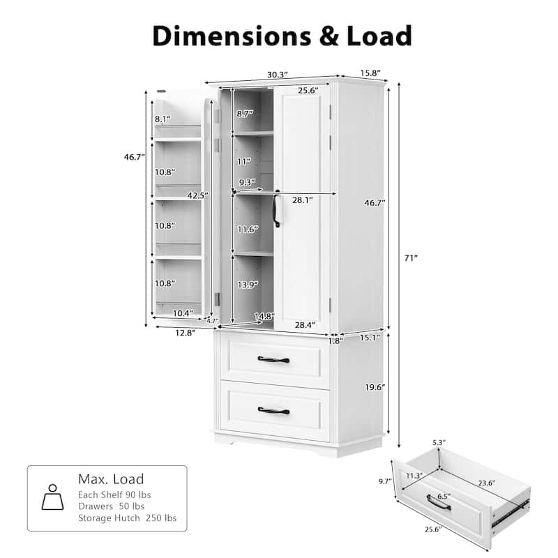 71" Tall Kitchen Pantry Cabinet, Freestanding Cupboard Storage Cabinet with 2 Drawers, Kitchen Hutch Cabinet